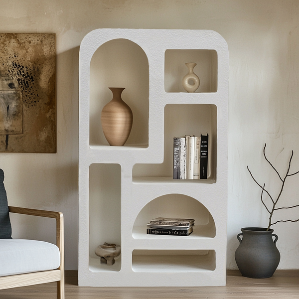 Geo tall geometric bookcase in white, showcasing modern boho design and textured finish
