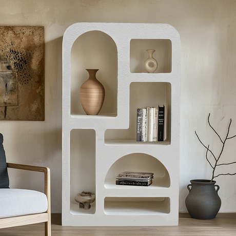 Geo tall geometric bookcase in white, showcasing modern boho design and textured finish