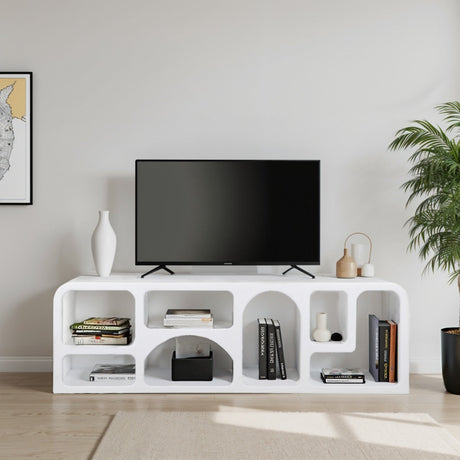 Geo geometric large TV cabinet in white MDF with open storage