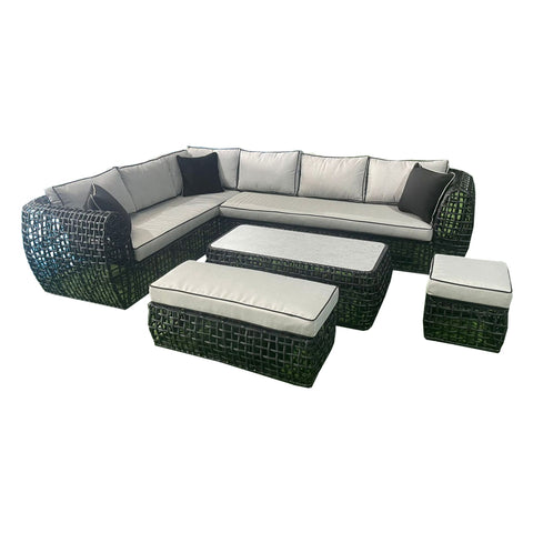 Hampstead Black Rattan Corner Sofa Set with Coffee Table & Benches