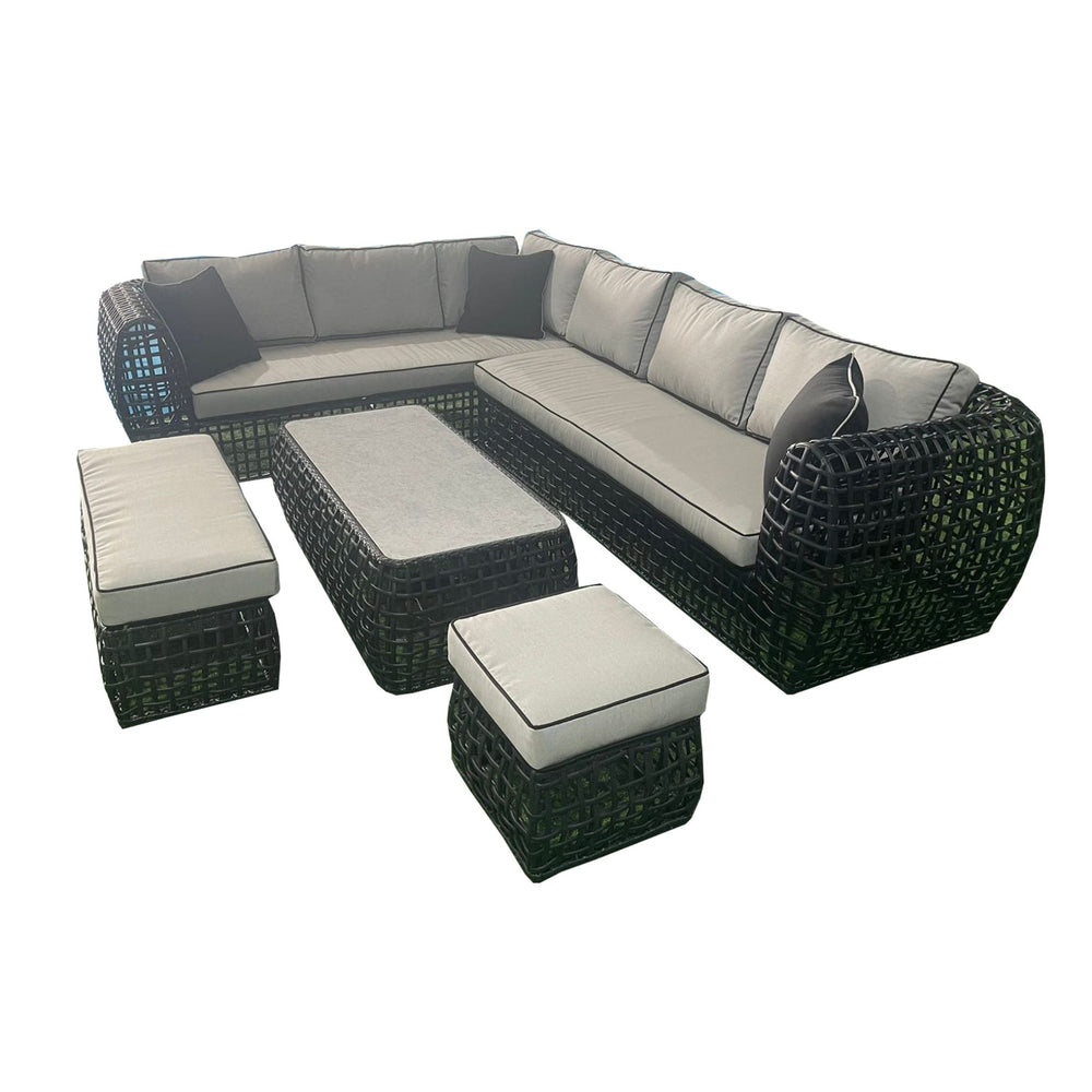 Hampstead Black Rattan Corner Sofa Set with Coffee Table & Benches