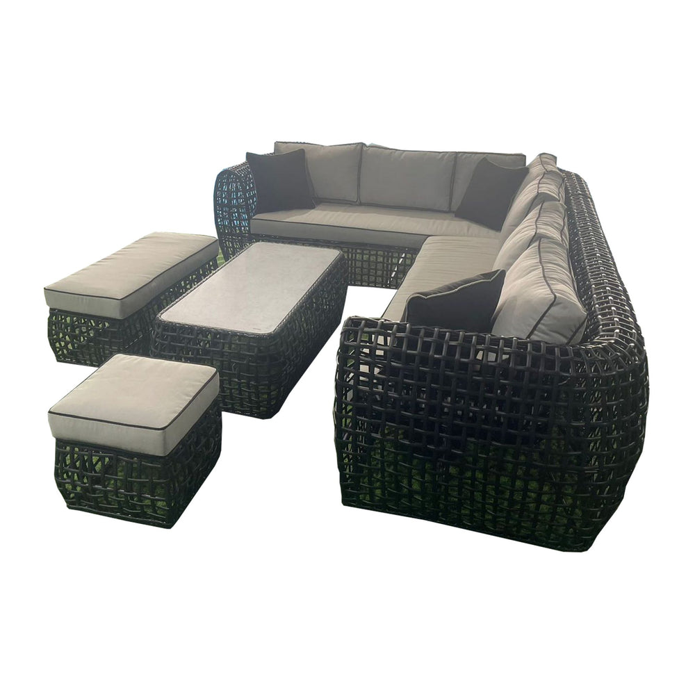 Hampstead Black Rattan Corner Sofa Set with Coffee Table & Benches