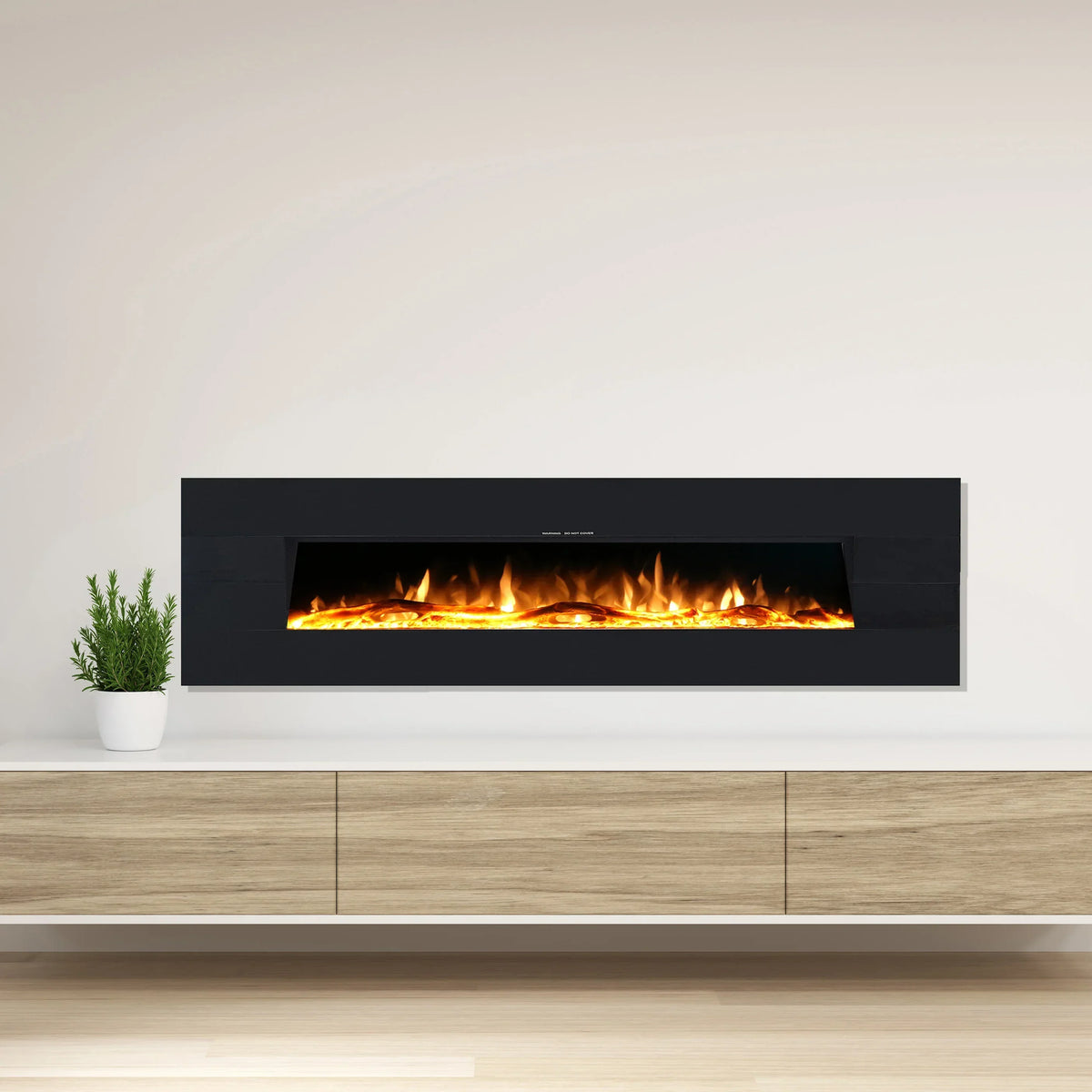 Wall mounted electric fireplace with orange flame above modern wooden TV unit