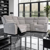 Gray sectional sofa in a modern living room with large windows and a plant.