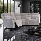 Gray sectional sofa in a modern living room with marble floor and bookshelf.
