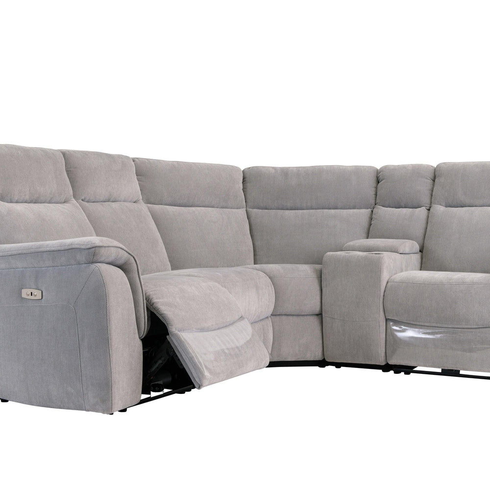 Gray sectional sofa with reclining feature on a white background