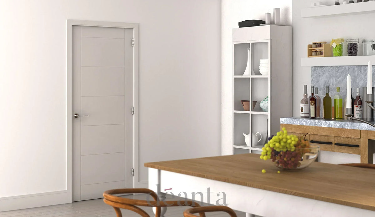 Primed internal door with horizontal grooves in modern kitchen setting