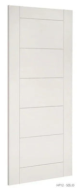 Solid white interior door with five horizontal panels, primed finish, side angle view
