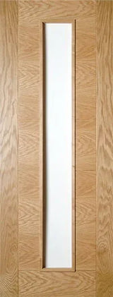 Oak interior door with vertical frosted glass panel in center