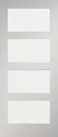 Modern interior door with four frosted glass panels and white frame, full front view