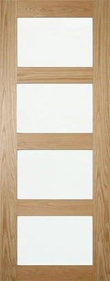 Oak interior door with four frosted glass panels, shown in front view