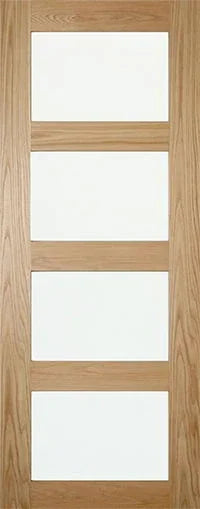 Oak interior door with four frosted glass panels, shown in front view