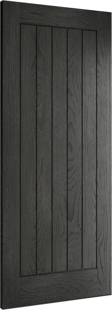 Black wood panel door with vertical slats and textured grain, ideal for modern kitchens