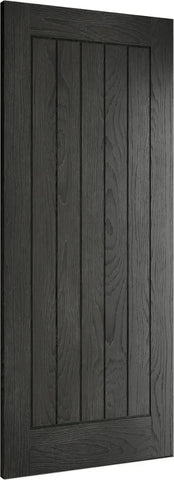 Black wood panel door with vertical slats and textured grain, ideal for modern kitchens