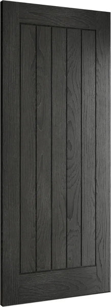Black wood panel door with vertical slats and textured grain, ideal for modern kitchens