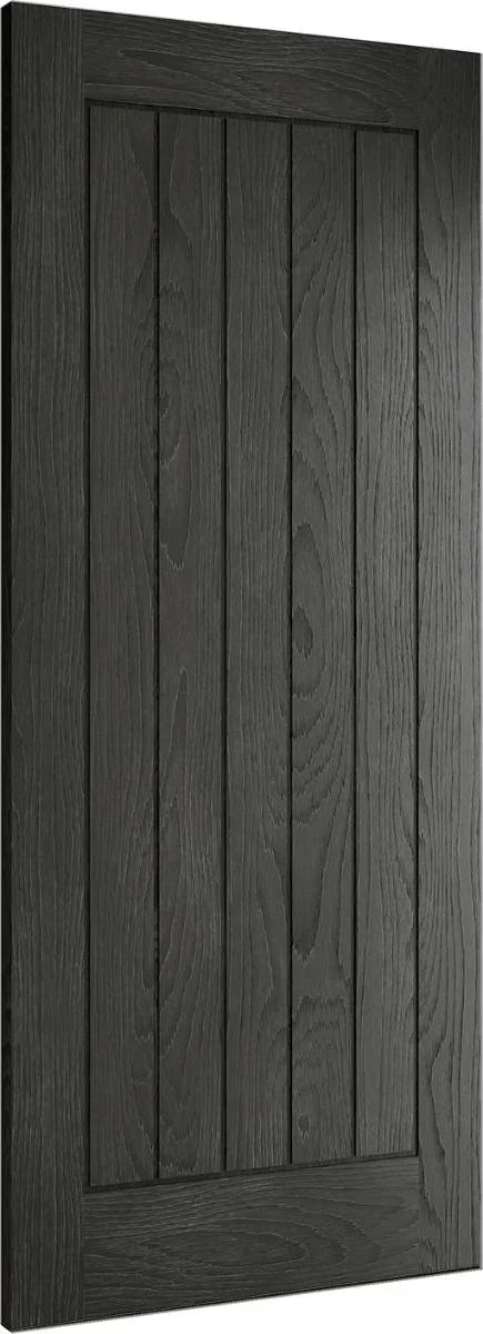 Black wood panel door with vertical slats and textured grain, ideal for modern kitchens