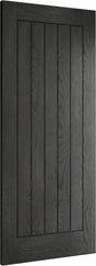 Black wood panel door with vertical slats and textured grain, ideal for modern kitchens