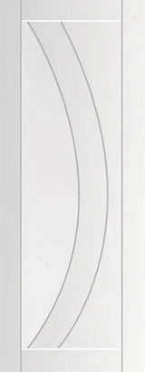 white interior door with modern curved panel design and smooth primed finish