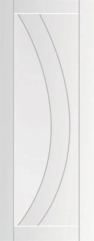 white interior door with modern curved panel design and smooth primed finish