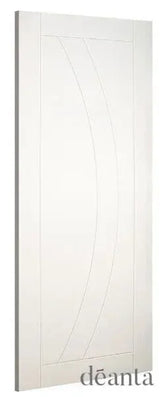 White interior door with minimalist curved panel design, shown from front angle.
