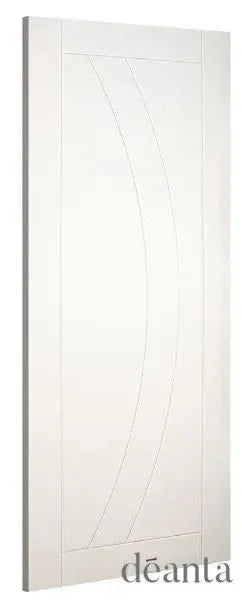 White interior door with minimalist curved panel design, shown from front angle.