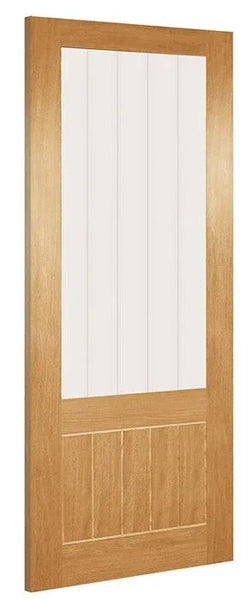 bevelled oak internal door with vertical panel design, shown from side angle
