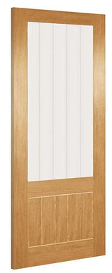 bevelled oak internal door with vertical panel design, shown from side angle