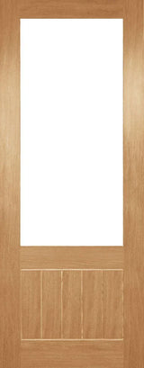Oak internal door with clear unglazed panel and vertical grooves in lower section