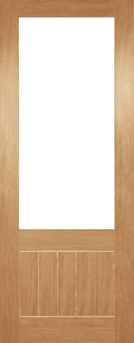 Oak internal door with clear unglazed panel and vertical grooves in lower section