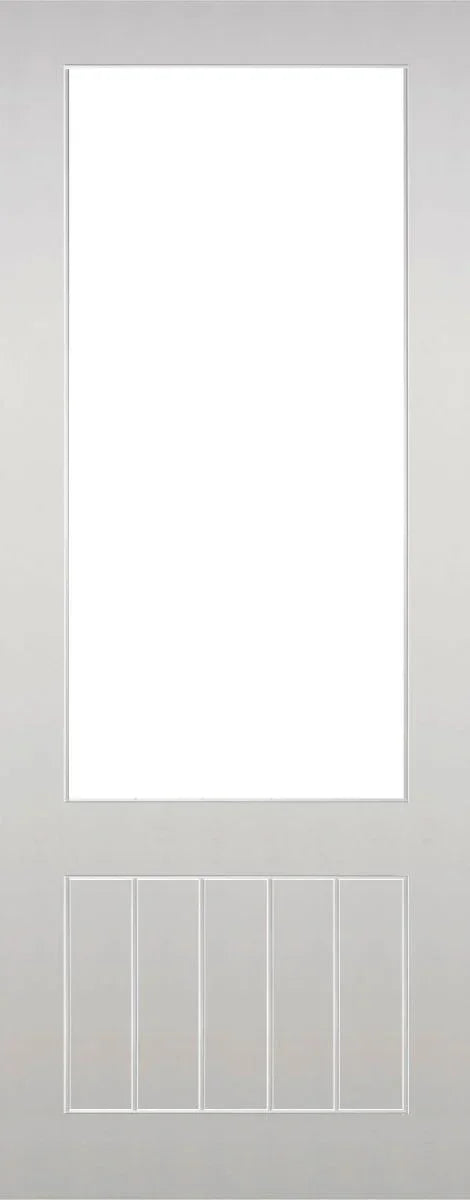 Primed unglazed internal door with large top panel and five vertical lower panels