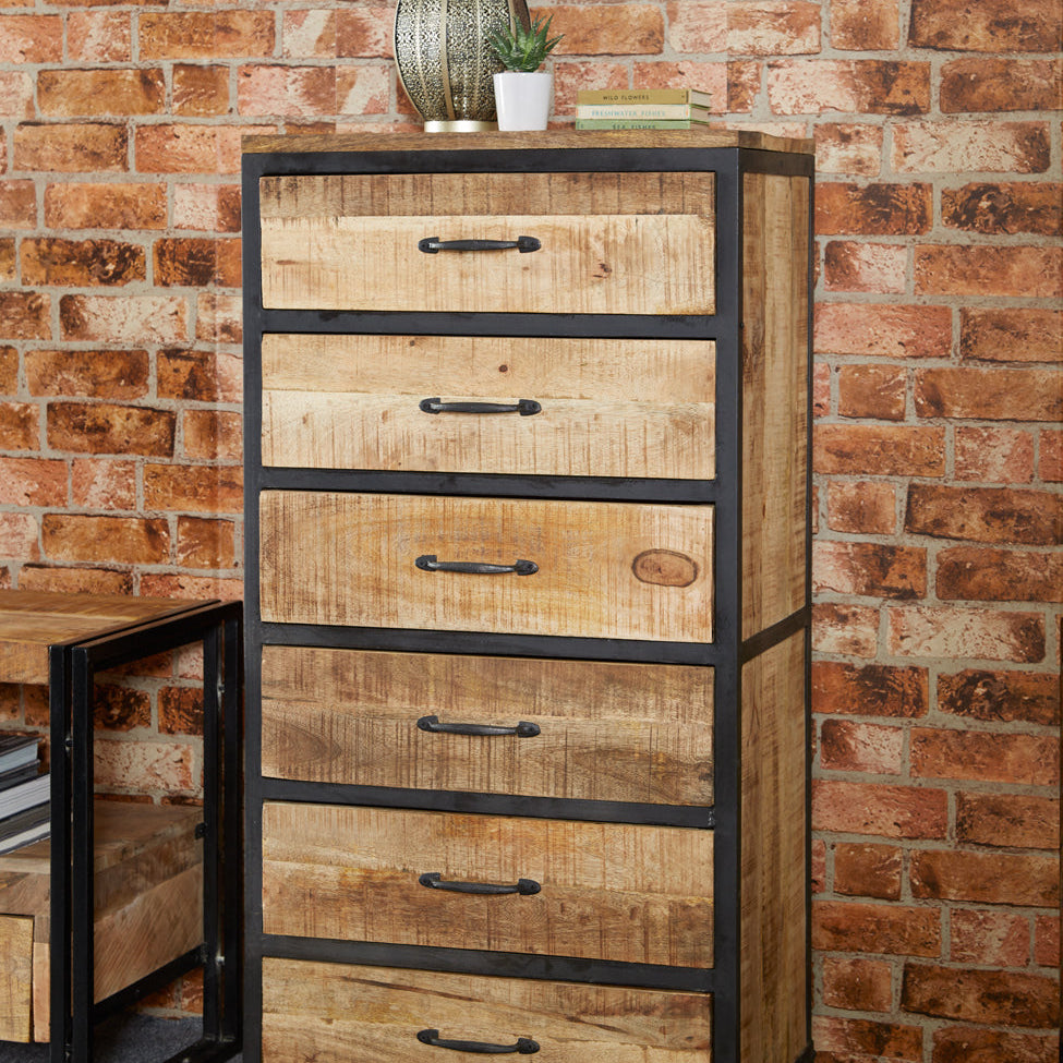 Cosmo Industrial Tall Chest made from natural wood and metal with six drawers