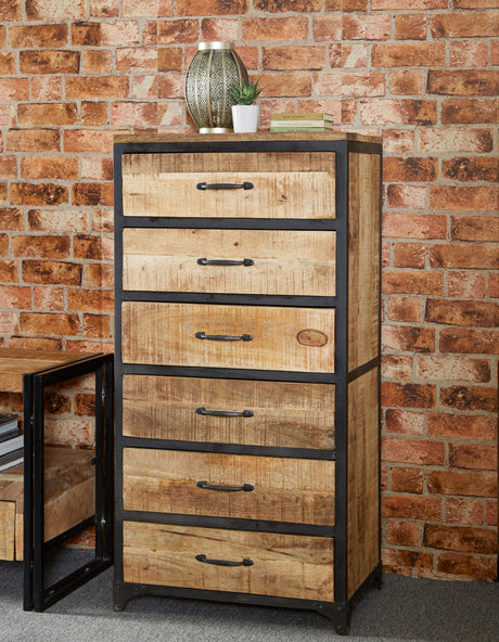 Cosmo Industrial Tall Chest made from natural wood and metal with six drawers