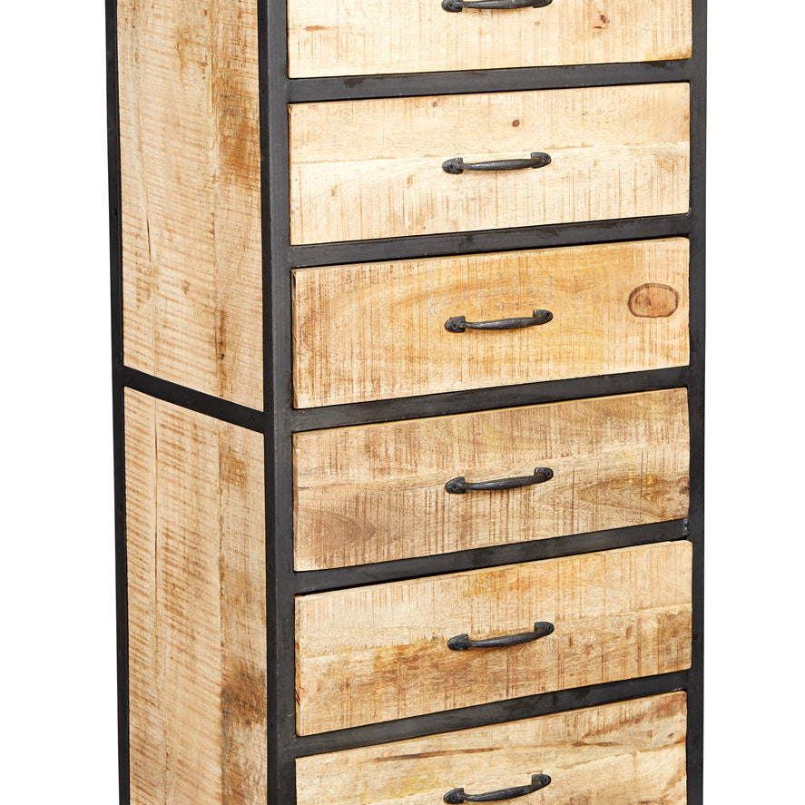 Cosmo Industrial Tall Chest made from natural wood and metal with six drawers