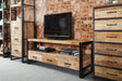 Cosmo Industrial Large Plasma Stand made of wood and metal with natural grain finish