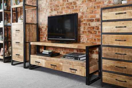 Cosmo Industrial Large Plasma Stand made of wood and metal with natural grain finish