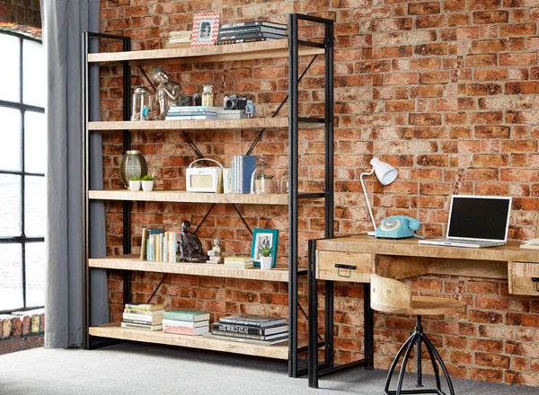 Cosmo Industrial Large Open Bookcase in natural wood and metal finish