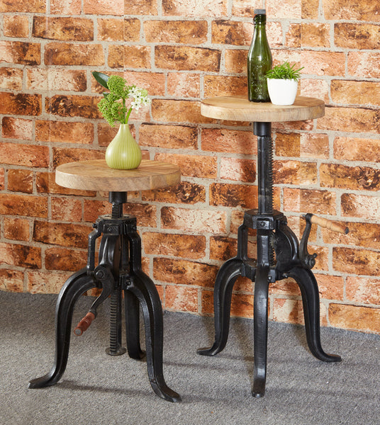 Cosmo Industrial Small Crank Table made of wood and metal with adjustable height