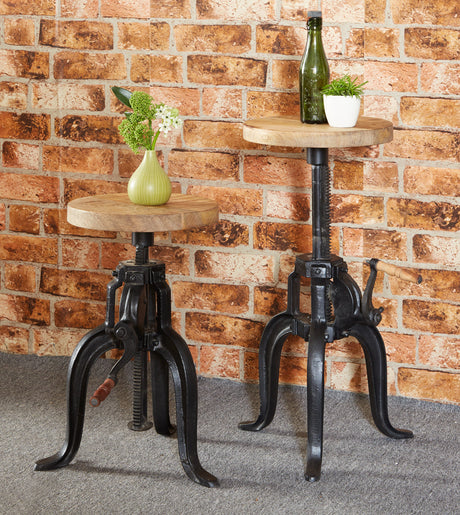 Cosmo Industrial Small Crank Table made of wood and metal with adjustable height