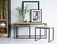 Cosmo Industrial Coffee Table Set made of reclaimed wood and metal, showcasing natural grain and banded iron edges.
