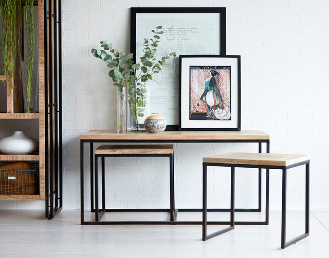 Cosmo Industrial Coffee Table Set made of reclaimed wood and metal, showcasing natural grain and banded iron edges.