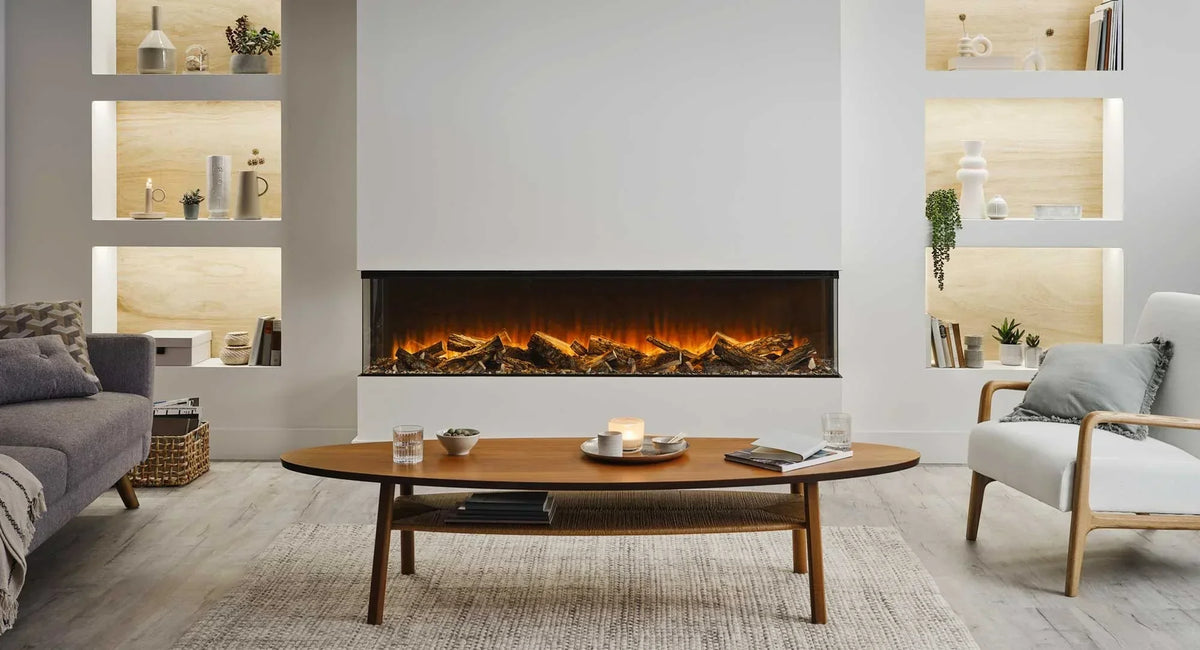 Modern living room with electric fireplace, grey sofa, wood coffee table, and armchair