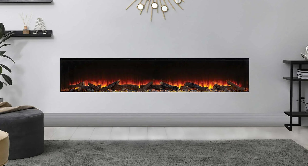 Wall mounted electric fireplace with glowing log effect in modern living room setting