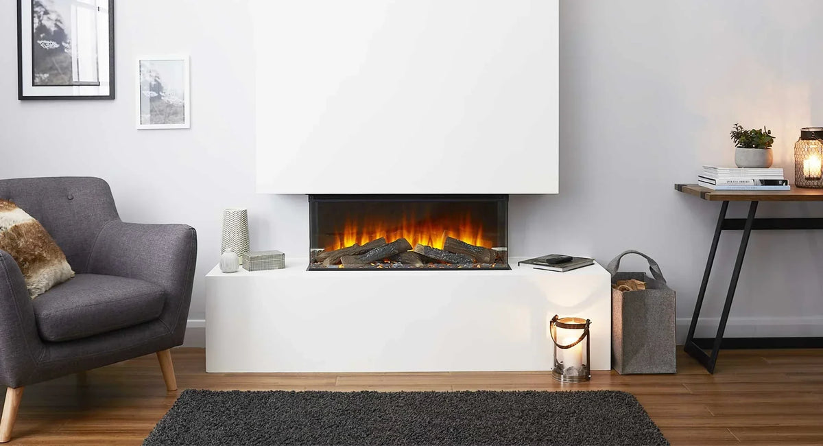 Modern electric fireplace with log display in contemporary living room setting