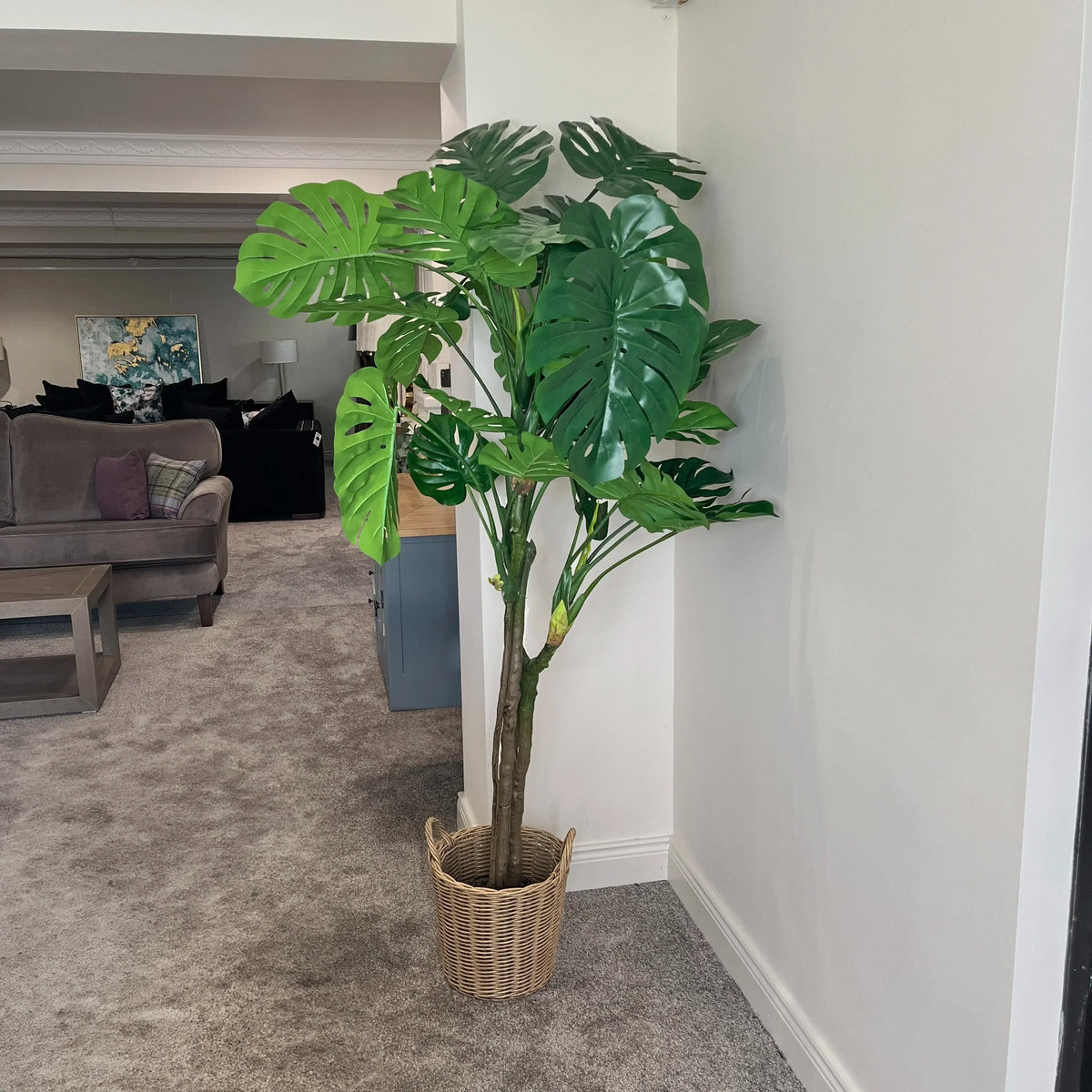 Large artificial monstera plant in woven basket placed on carpet beside living room seating