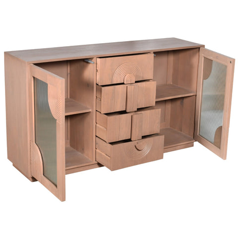 Indus solid wooden small sideboard in pale taupe with fluted glass doors