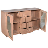 Indus solid wooden small sideboard in pale taupe with fluted glass doors