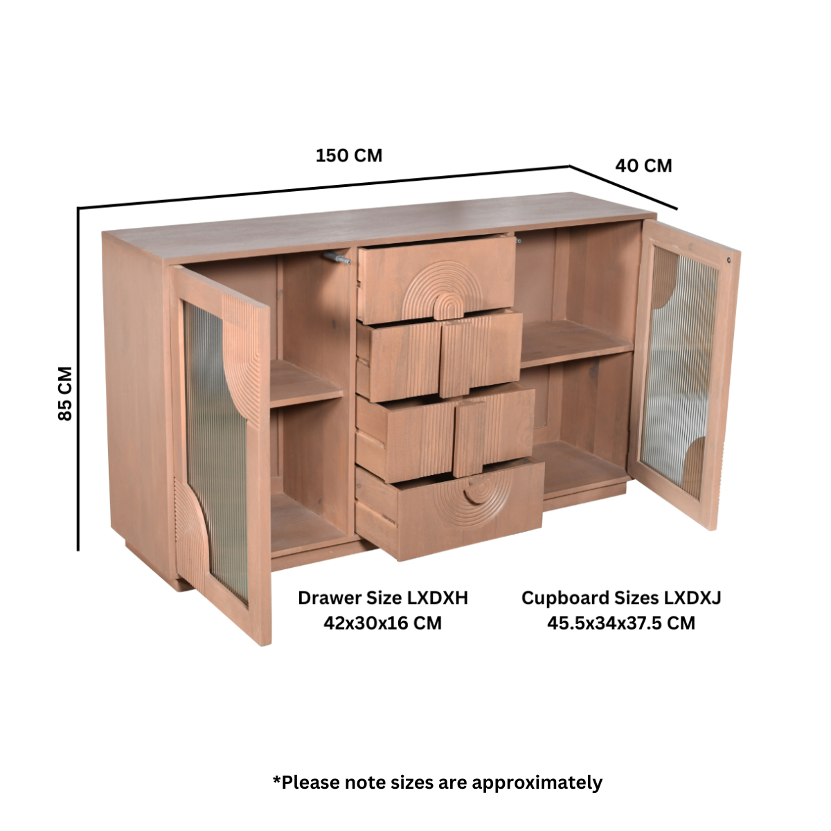 Indus solid wooden small sideboard in pale taupe with fluted glass doors