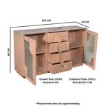 Indus solid wooden small sideboard in pale taupe with fluted glass doors