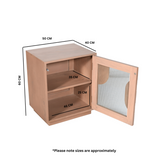 Indus solid wood bedside table with fluted glass panels in pale taupe finish