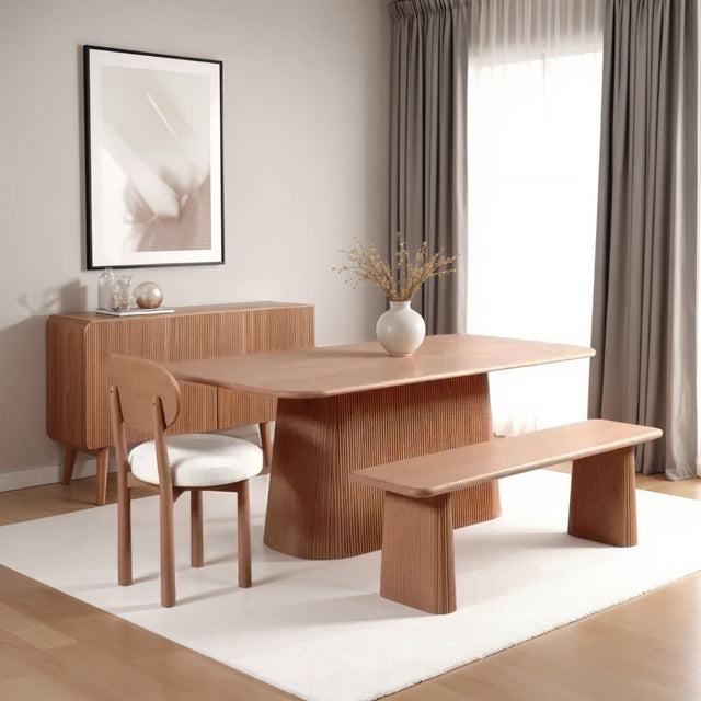 Indus Solid Wood Dining Bench made from durable mango wood, showcasing a rustic slatted design.